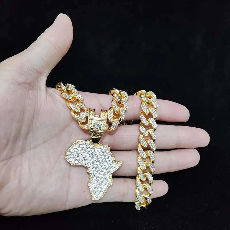 Men Women Hip Hop Iced Out Bg Map ofrica Pendant Necklace with 13mm Cuban Chain HipHop Necklaces Fashion Charm Jewelry