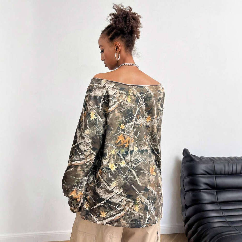 Autumn camouflage sloping collar loose long sleeved maple leaf print trendy fashion versatile top women's clothing
