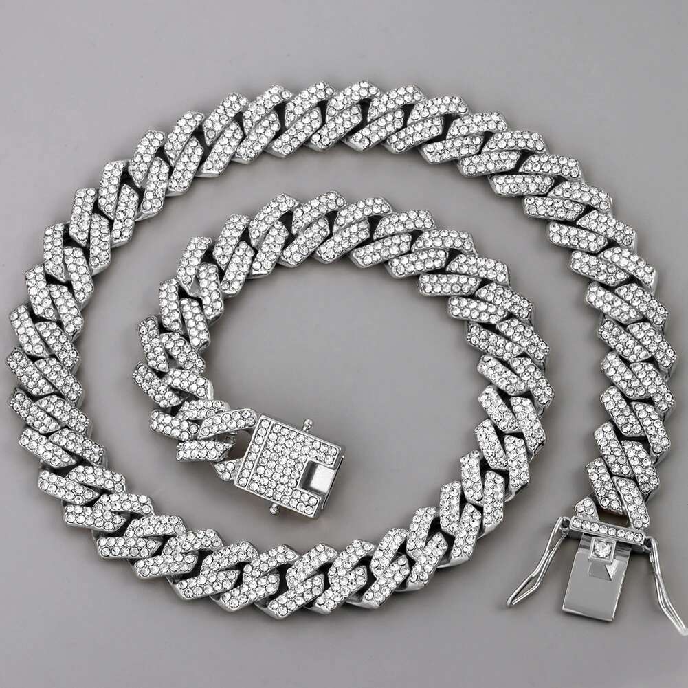 Hip Hop 14MM k Chain Necklace Women Men 2 Row Rhie Prong Rhombus Cuban Necklaces Bracelets Iced Out Jewelry