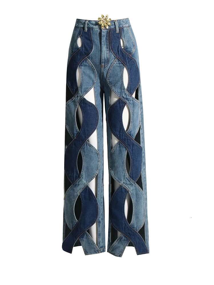 TWOTWINSTYLE Hollow Out Chic Jeans For Women High Waist Patchwork Ral Temperament Vintage Jean Female Fashion Style Clothing