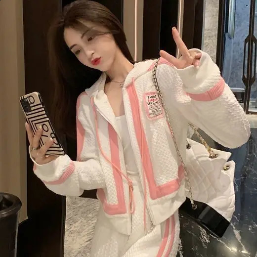 Fashion Track Suits for Women 2 Piece Set 2023 Spring Korean Sweet Cute Coat Zipper Wide Leg Pants Two Sportswear 250225