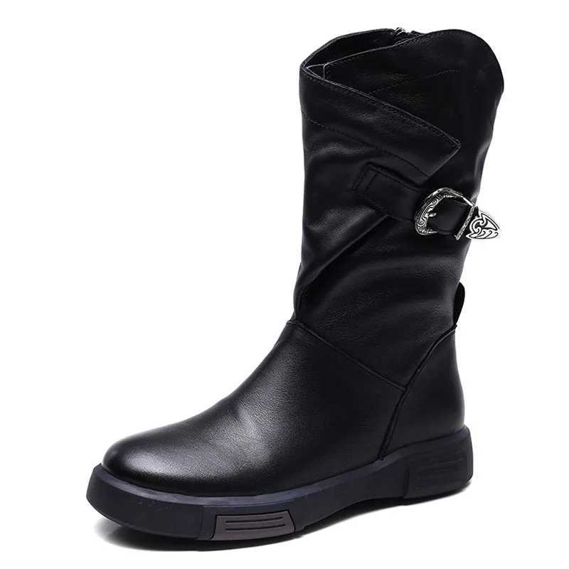 DRKANOL 2024 Luxury Design Genuine Cowboy Leather Mid calf Boots Womens Flat Side Zipper Round Toes Autumn Warm Knight Boots Z250303