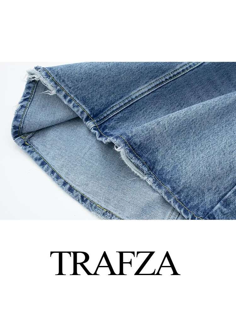TRAFZA Summer Woman 2023 Blue Turn-Down Collar Multi-Pocket Short Sleeve Single Breasted Female Chic Denim Dresses