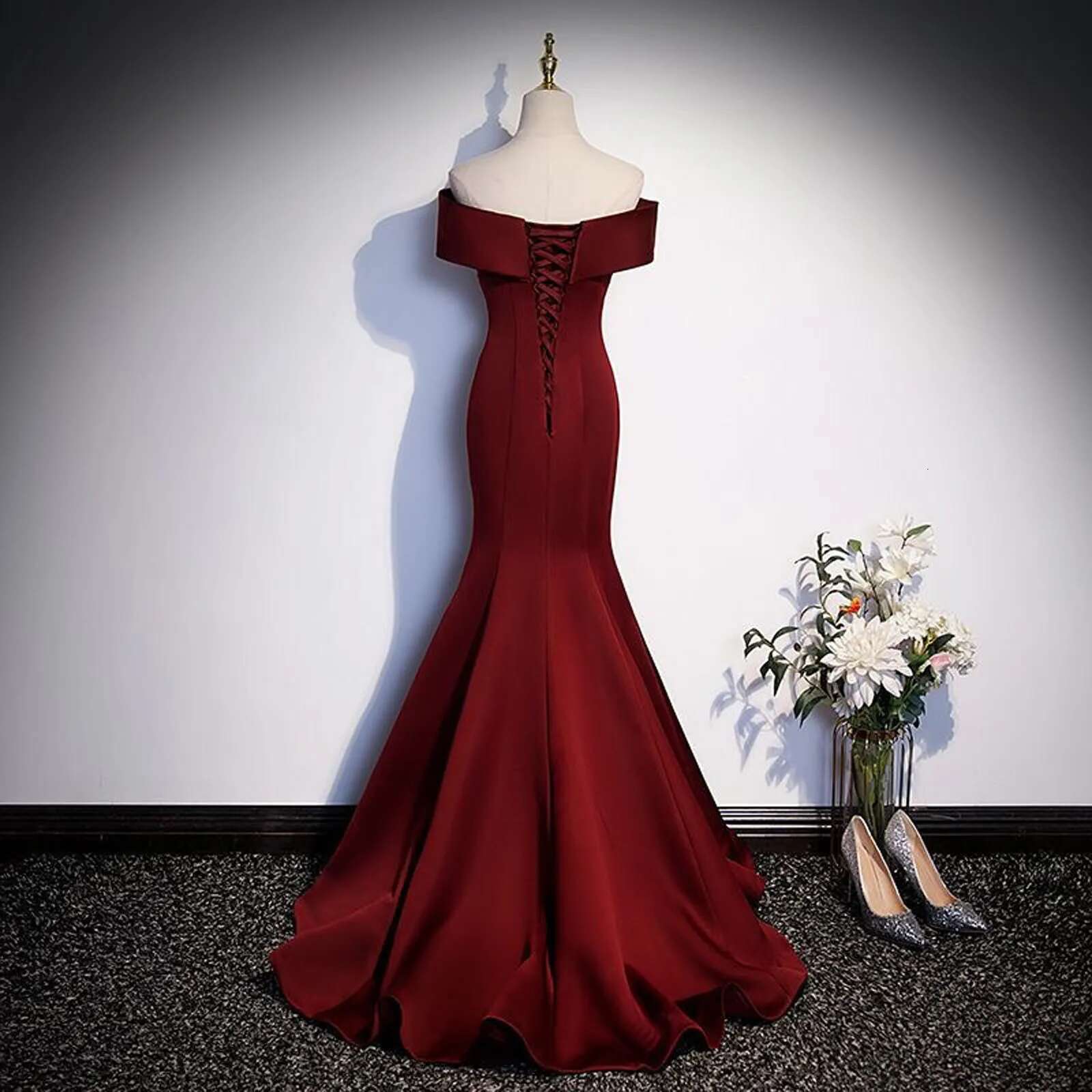 One Shoulder Trumpet Long Dresses Wine Red Evening Gown Back Big Bow Light Gauze Wedding Dress For Women Vestido Feminino