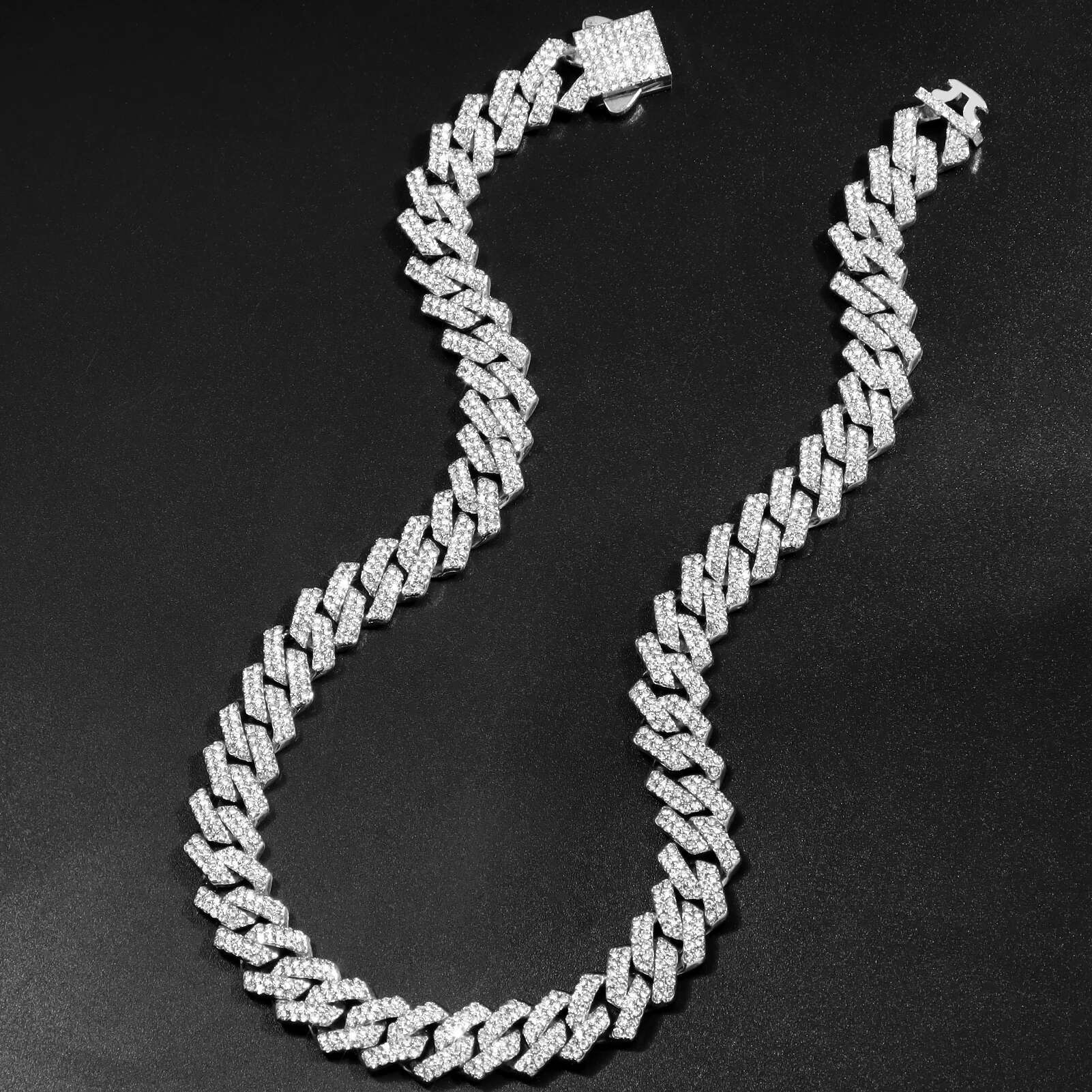 Hip Hop 14MM k Chain Necklace Women Men 2 Row Rhie Prong Rhombus Cuban Necklaces Bracelets Iced Out Jewelry