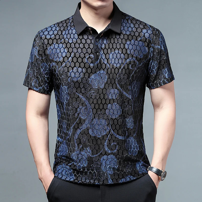Blue Floral Mesh Hollow Polo Shirts For Men Short Sleeved Fashion Summer Quality Velvet Soft Comfortable Silky Mens Shirts 250228