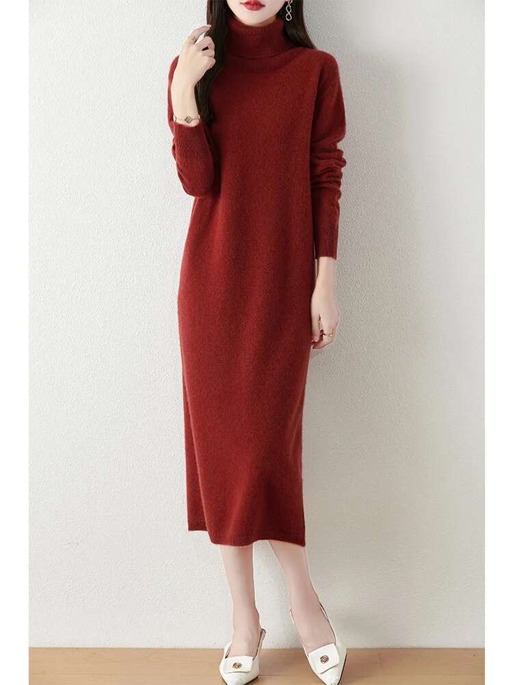 Autumn Winter Women's Turtleneck Sweater Dress Basic Pullover Casual Cashmere Skirt 100% Merino Wool Knitwear Soft Clothing