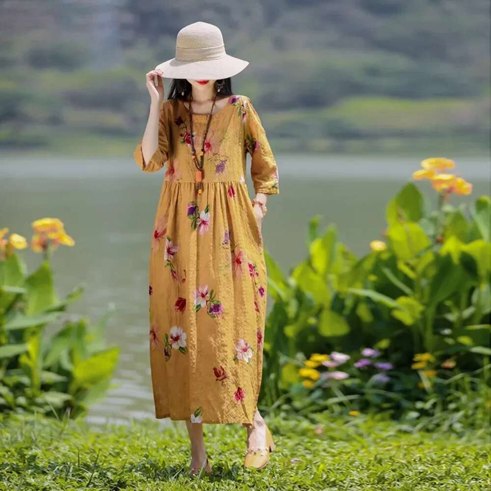 Elegant Comfortable Loose Streetwear Clothing Summer Dress For Women Fashion Casual Vintage Ethnic Style Clothes Print