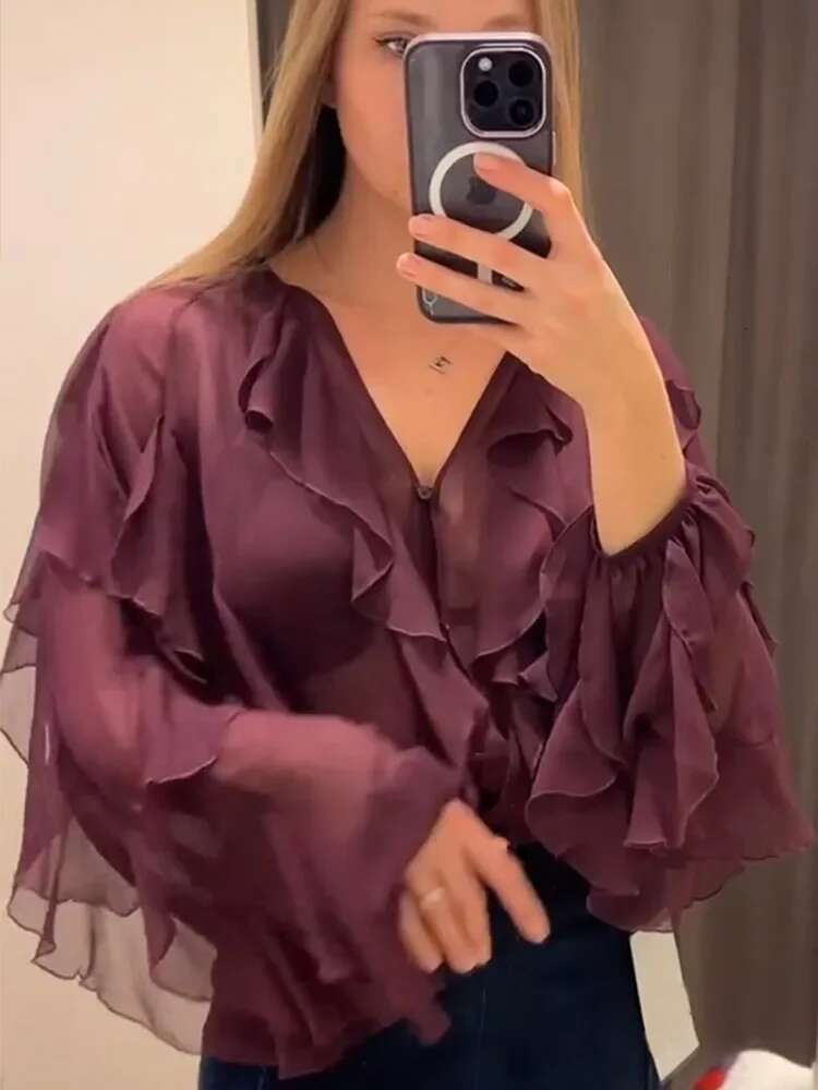 Elegant Solid Ruffles Chiffon Thin Shirts For Woman 2025 Spring New V Neck Long Sleeved Buttons Blouse Fashion Office Lady Tops