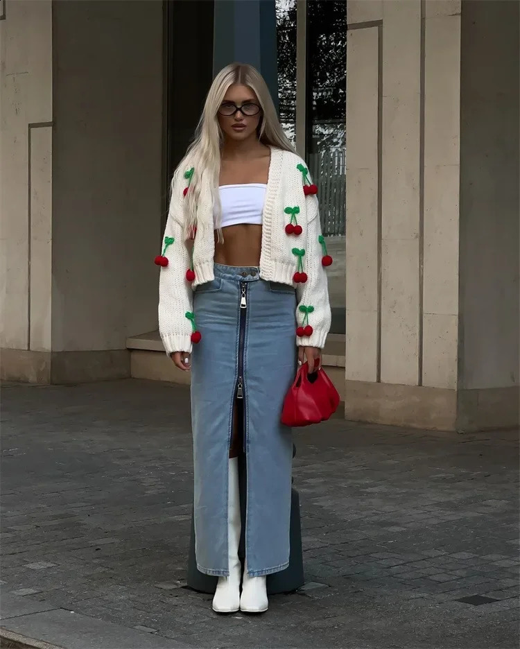 Leosoxs Fall Winter Knitted Cherry Sweaters Cardigan Long Sleeve Top Christmas Sweet Fairy Grunge Sweater Streetwear 250225