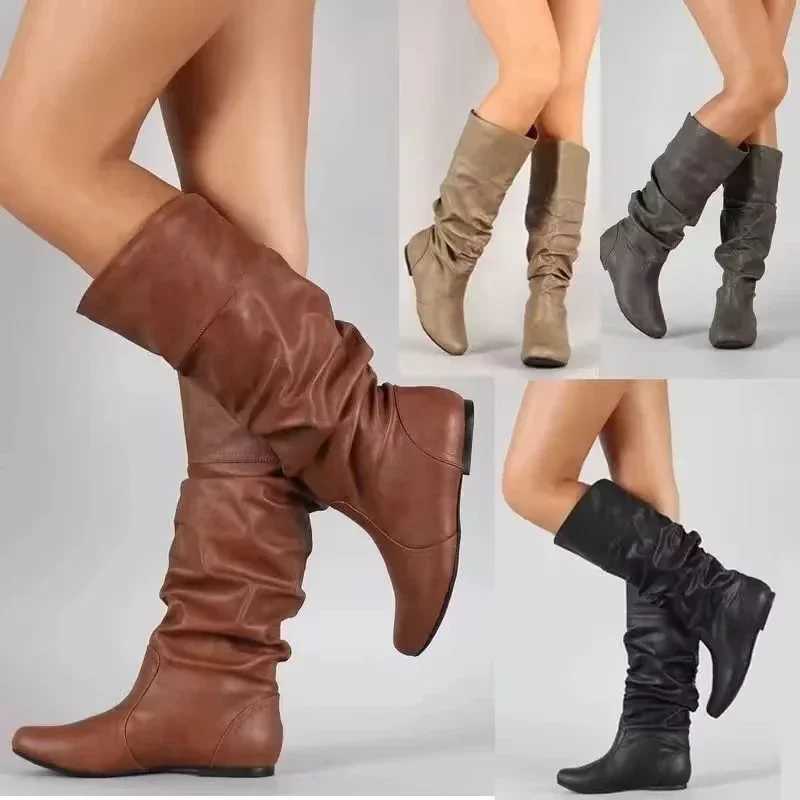 2025 New Women Flat Boots Fashion Pleated Leather Boots Autumn Winter Slip on Mid-Calf Shoes for Women Brand Designer High Boots Z250303