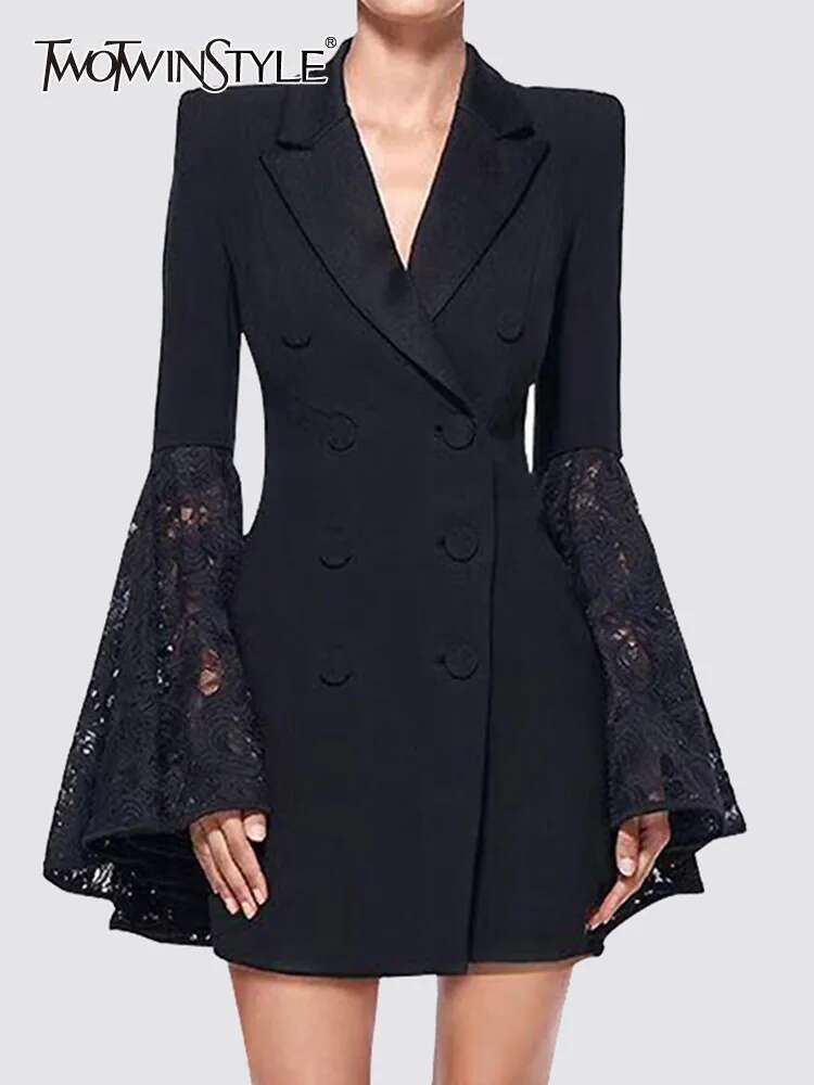 TWOTWINSTYLE Patchwork Button Blazers For Women Notched Collar Long Sleeve High Waist Spliced Lace A E Blazer Female Fashion