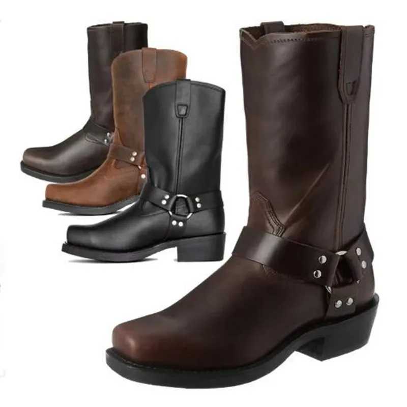 Luxury Cowboy Boots Men Mid Calf Western Boot Men Pu Leather Man Slip On Shoes Winter Knight Boots Booties Plus Size 39-48 Z250303