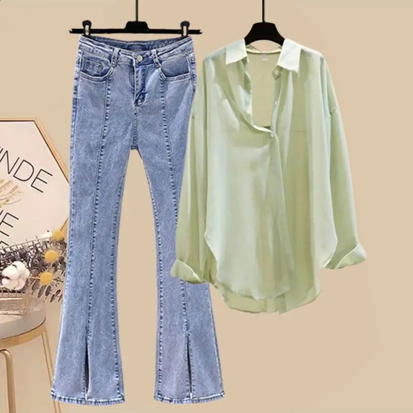 Womens Set SpringSummer 2023 Korean Fashion Slim Tank Top Casual Shirt Micro Flare Pants Three Piece 250225