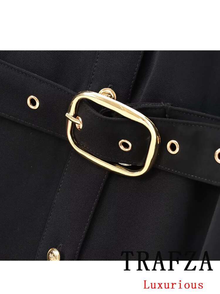 TRAFZA Vintage Women Black Solid Turn-Down Collar Single Breasted Belt Vestidos New Fashion 2024 Autumn Chic Dress