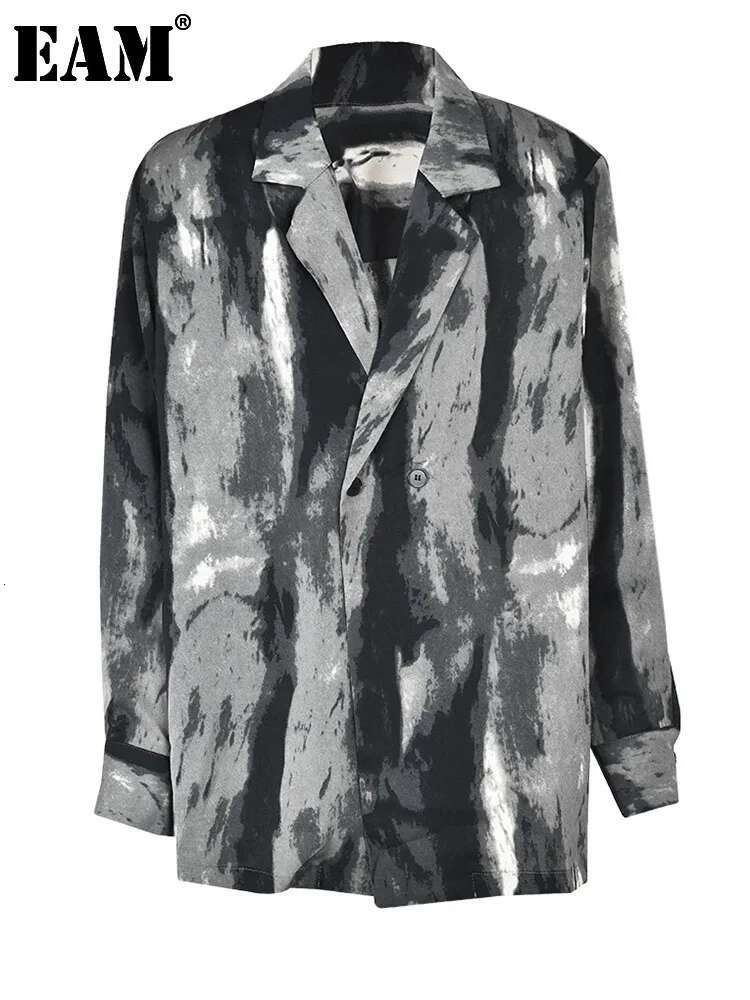 EAM Black Pattern Printed Blouse Women Big Size New Lapel Long Sleeve Loose Fit Shirt Fashion Spring Autumn 2025 1Df034801