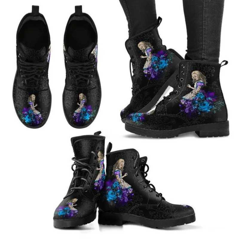 Womens Autumn Short Boots British Style Tooling Boots Skull Print Flower High-top Ladies Ankle Boots Vintage Boots Femme Winter Z250303