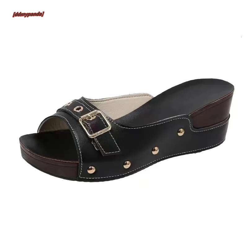 women Metal Buckle Women's Wedge Slippers 2023 Vintage Rivet Platform Sandals Woman Pu Leather Plus Size Summer Shoes 43 #ddmypanda