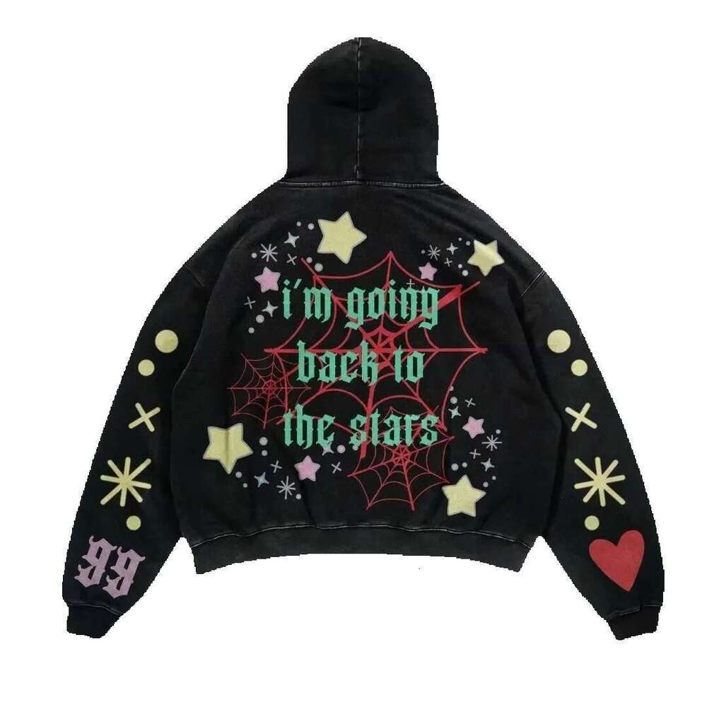 New y2k spider web letter printed jacket, autumn/winter long sleeved loose hooded sweatshirt