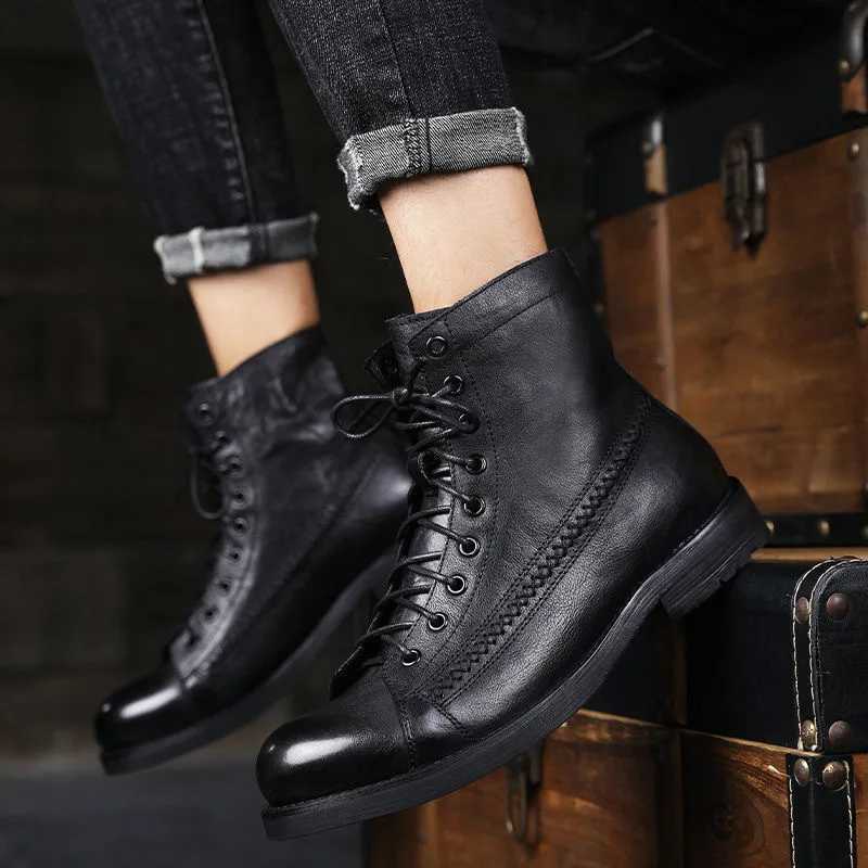 Luxury Mens Boots Handmade Men Ankle Boots High Quality Leather High-top Shoes Fashion British Style Men Motorcycle Boots Z250303