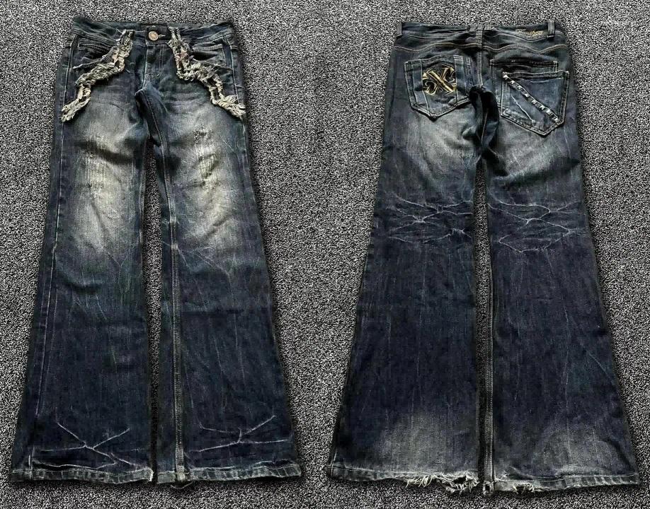 Men's Jeans Fashion Retro Trend Distressed Hole Y2k Gothic Women Punk Patchwork Washed Denim Pants Wide Leg Bell-bottoms Trousers