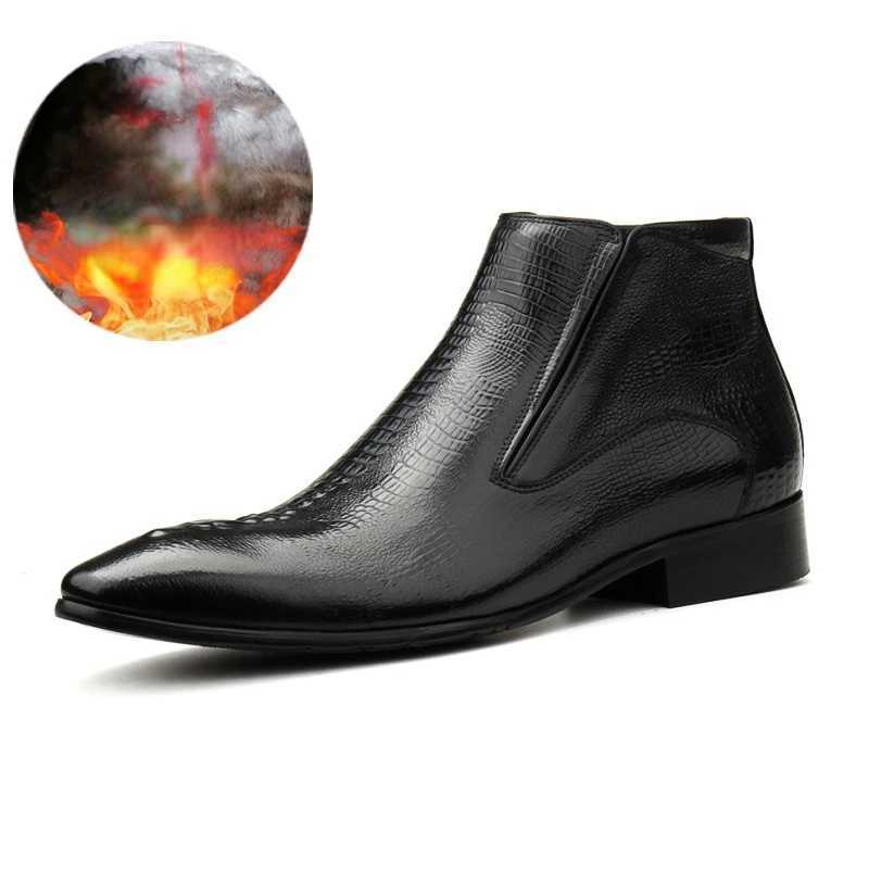 New Crocodile Pattern Men Ankle Boots Luxury Genuine Leather Handmade Designer Black Zipper Pointed Fashion Black Warm Shoes Man Z250303