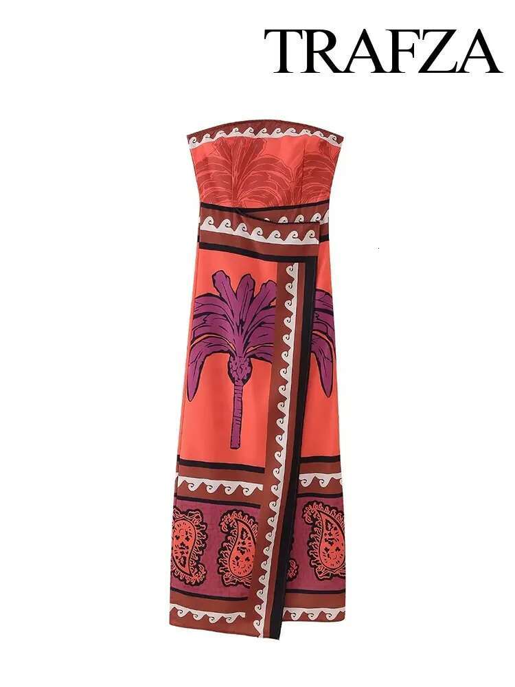 TRAFZA 2024 Summer New Satin Patchwork Print Chic Sleeveless Backless Strapless Women's Resort Style Zipper Dress