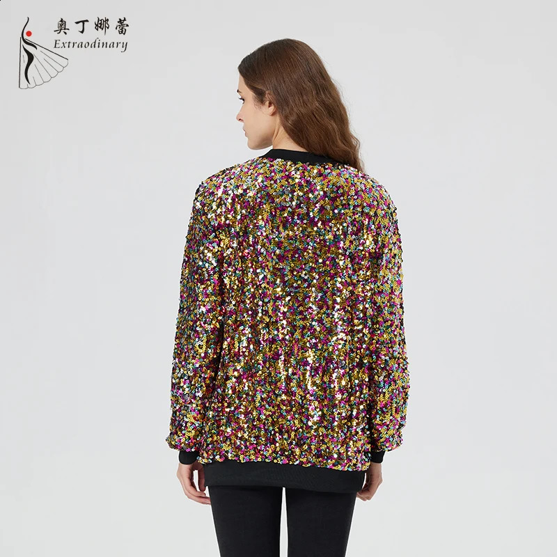 Fashionable womens sequin multicolor winter jacket with zipper collar and cuffs 250228