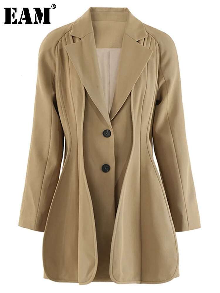 EAM Khaki Big Pleated Personality Blazer Women New Lapel Long Sleeve Loose Fit Jacket Fashion Tide Spring Autumn 2024 Cpdb255