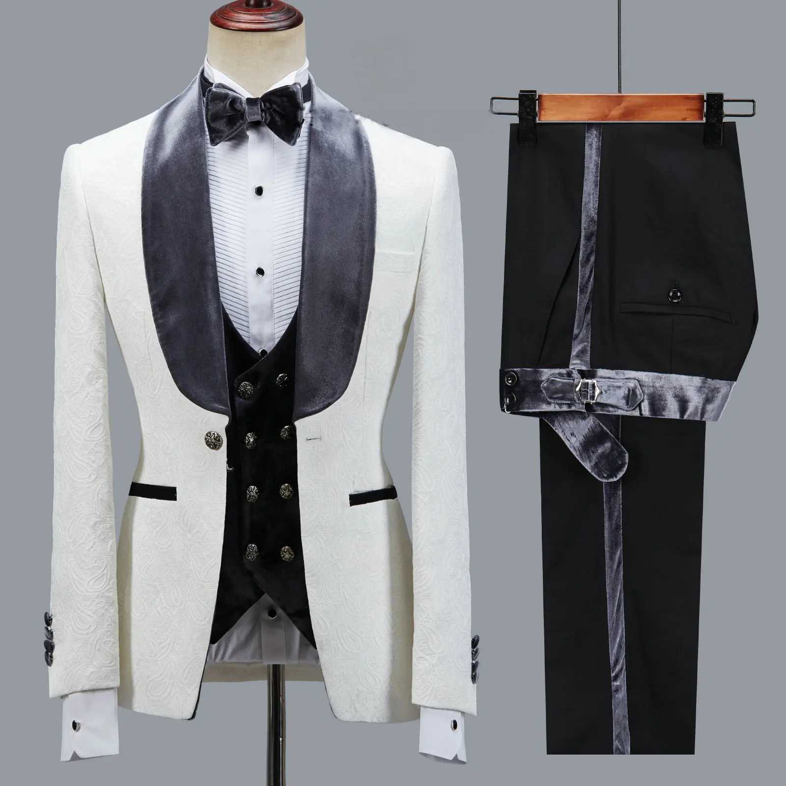 Floral Jacket Men Suit Slim Fit Wedding Tuxedo Navy Blue Velvet Lapel Groom Party Suits Costume Men Best Man Blazer M250303