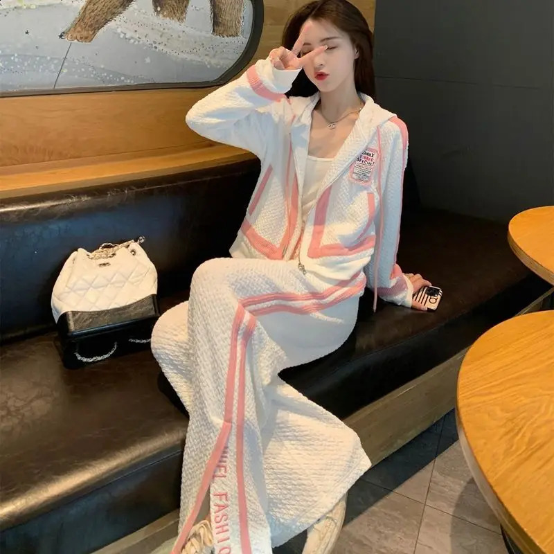 Fashion Track Suits for Women 2 Piece Set 2023 Spring Korean Sweet Cute Coat Zipper Wide Leg Pants Two Sportswear 250225