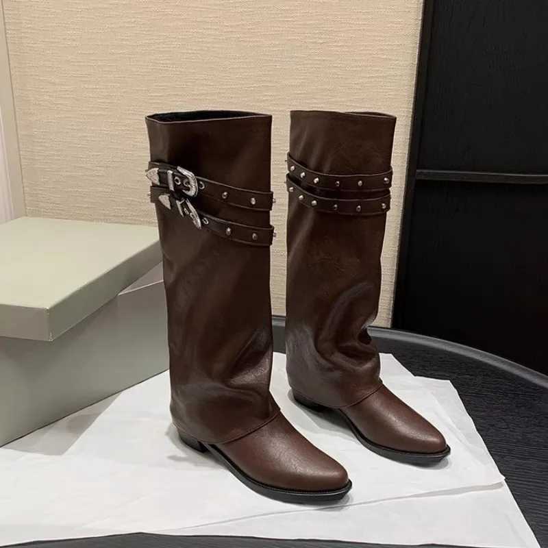 Luxury Designer Winter Womens Western Cowboy Boots Fashion Womens Elegant Knight Boots Square High Heels Womens Shoes Z250303