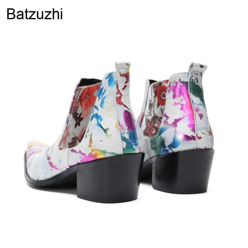 Batzuzhi 6.5cm Heels Luxury Mens Boots Gold Metal Tip White Leather Ankle Boots for Men Slip on Party/Wedding Boots Male! Z250303
