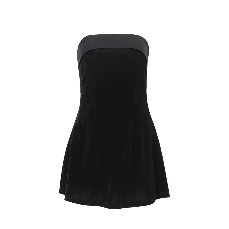 Summer solid shoulder velvet short skirt womens ALine spliced strapless mini dress 2024 high waist slim fit club 250227Z