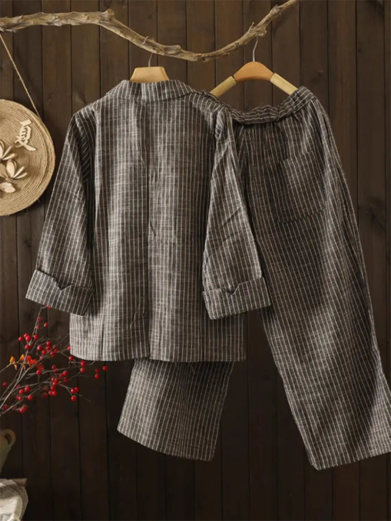 Autumn Large Size Striped Cotton Linen Pants Suit Womens Blazer Casual Fashion High Waist Wide Leg Two Piece Set z2877 250225