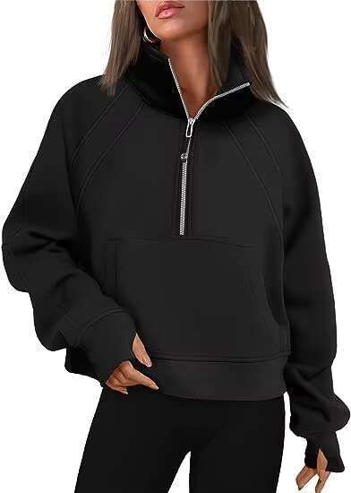 New Autumn And Winter Women's Sweatshirts Half Zipper Short Hoodie Stand Collar Plus Fleece Solid Color Hoodies Custom Wholesale