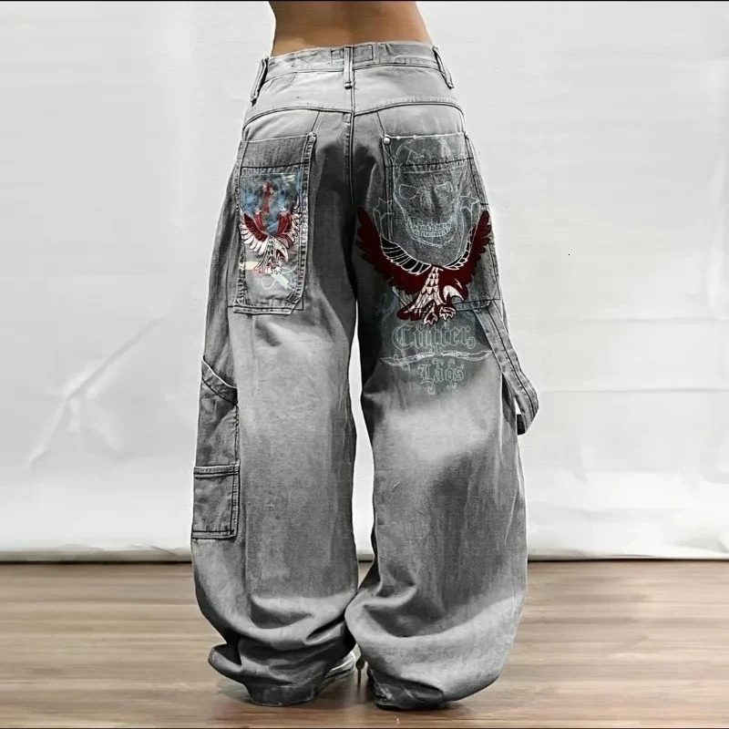 Street Pattern Printed Loose Jeans Women Y2K Harajuku Casual Oversized Wideleg Pants Couple High Waist Slim w250228