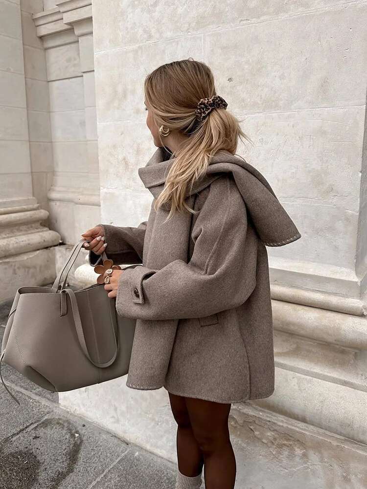 Premium Scarf Trimmed Button Long Sleeve New Solid Colour Fashion Tweed Jacket Temperament Women's Clothing