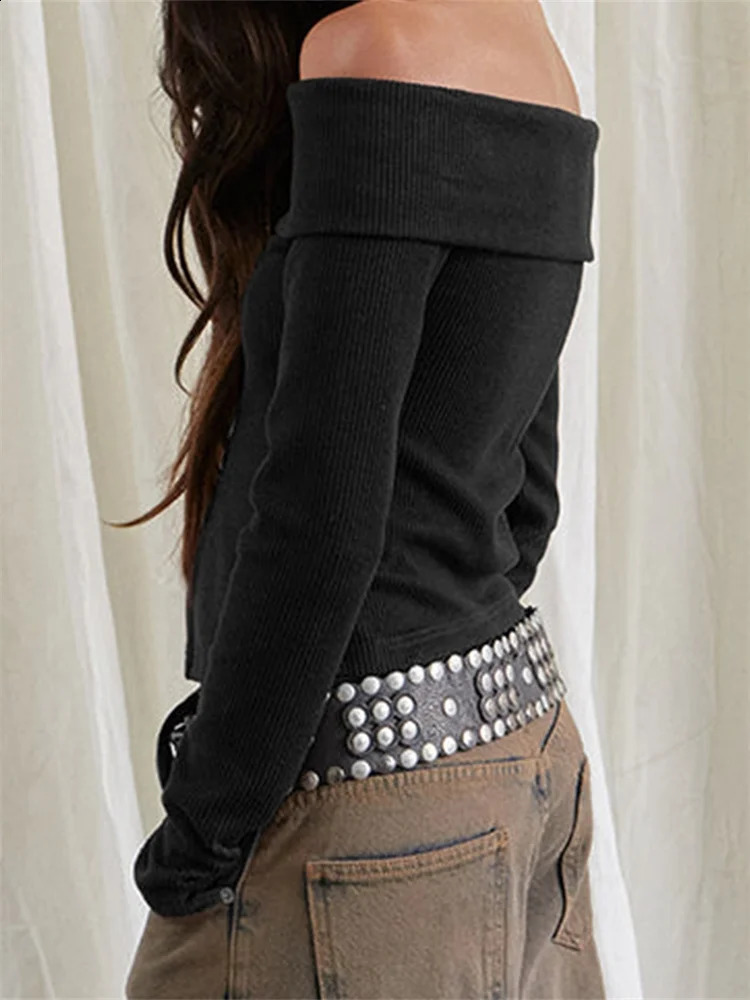 CHRONSTYLE Womens Sweaters Long Sleeve Slash Neck Offshoulder Tops Buttons Clre Solid Slim Fit Ladies Pullovers Clubwear 2025 250225