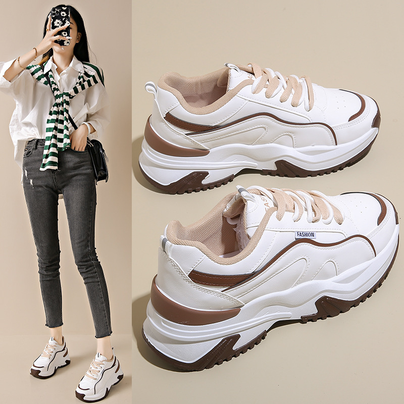 Women s Designer New 2025 Spring And Summer New Leather Breathable Casual Fashionable Thick Soled Height Increasing Sports Shoes