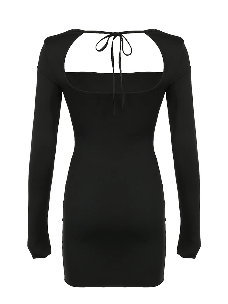 Backless lace slim fit sexy black short skirt for women square neckline solid splicing elegant basic long sleeved Baddie club uniform 250227