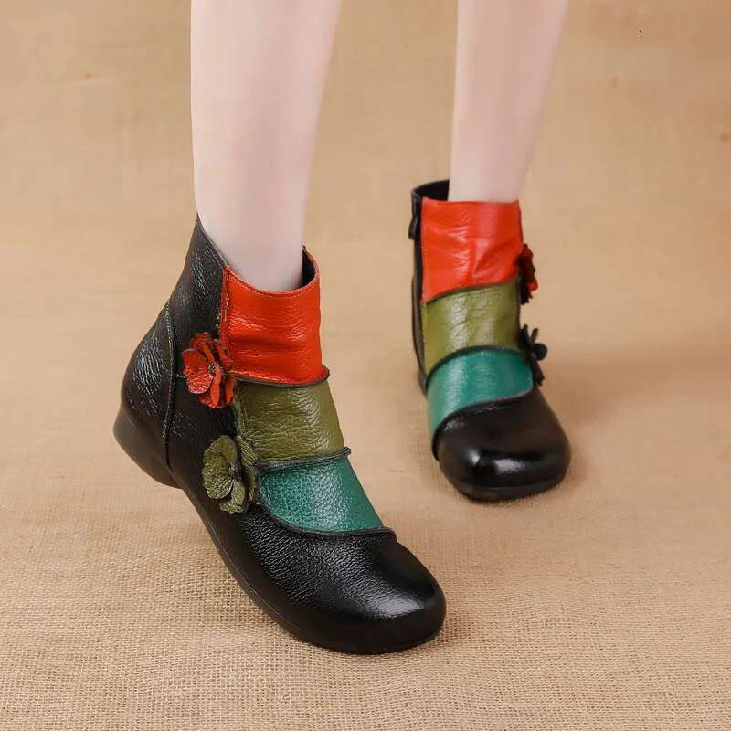 Low Xiuteng Winter New Heel Cow Muscle Sole Short Ankle Boots Ethnic Style wer Colored Genuine Leather Women's Boo