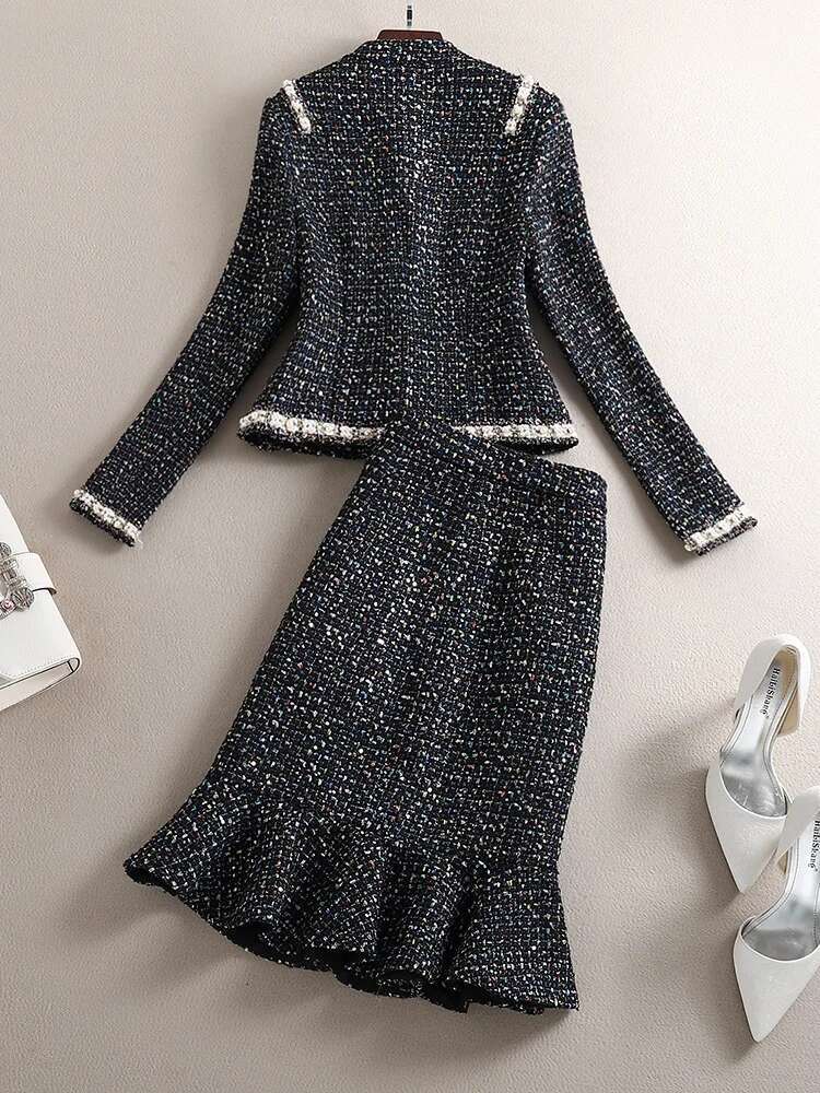 New 2024 High Quality Women Autumn Winter 2 Piece Lady Fashion Elegant Slim Woolen Coat Skirt Two-Piece Suit Tweed Sets