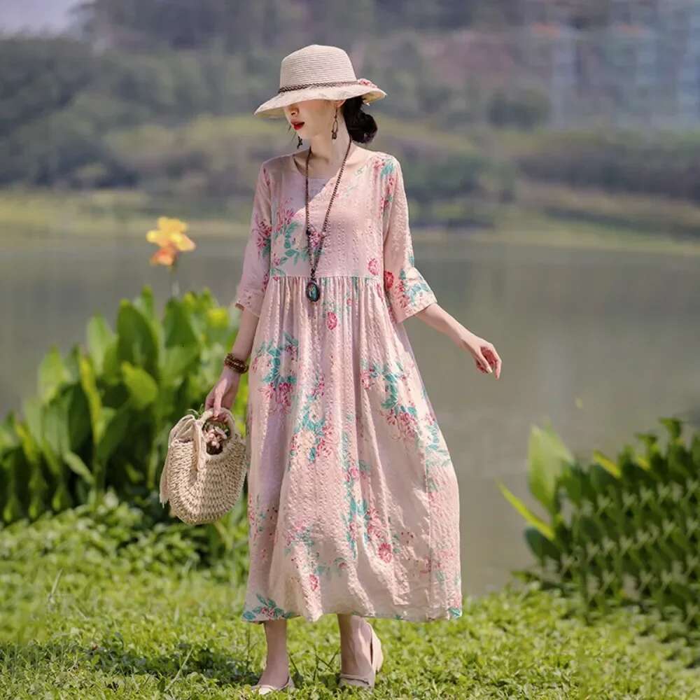 Elegant Comfortable Loose Streetwear Clothing Summer Dress For Women Fashion Casual Vintage Ethnic Style Clothes Print