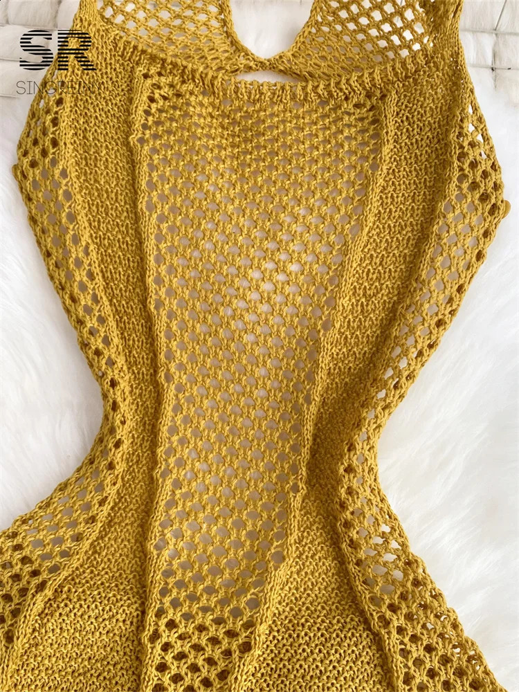 SINGREINY Yellow Sleeveless Jumpsuit Women Hollow Out O Neck Elegant Stretch Transparent Ladies Casual Summer Slim Rompers 250225