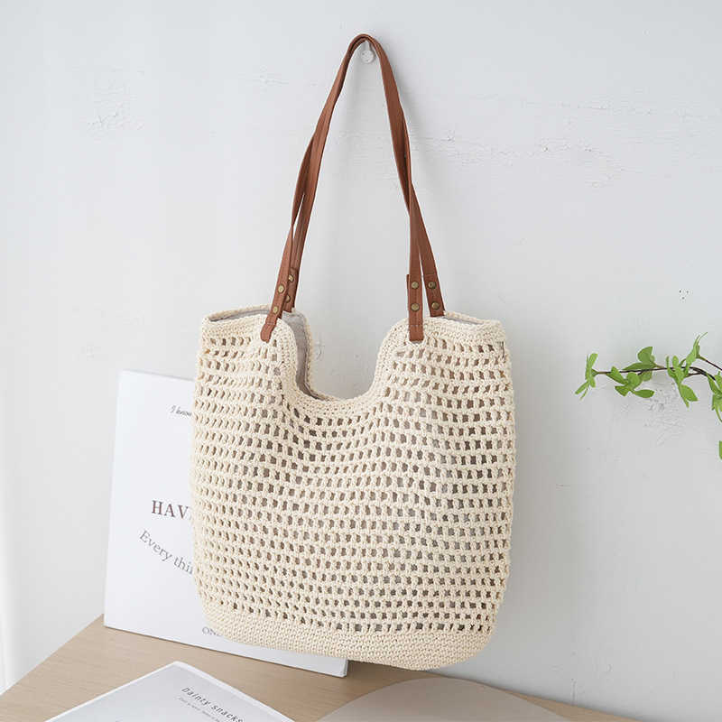 Beach vacation bag, women's bag, leisure hollow shoulder cotton thread woven bag, lazy style hand-held grass woven bag
