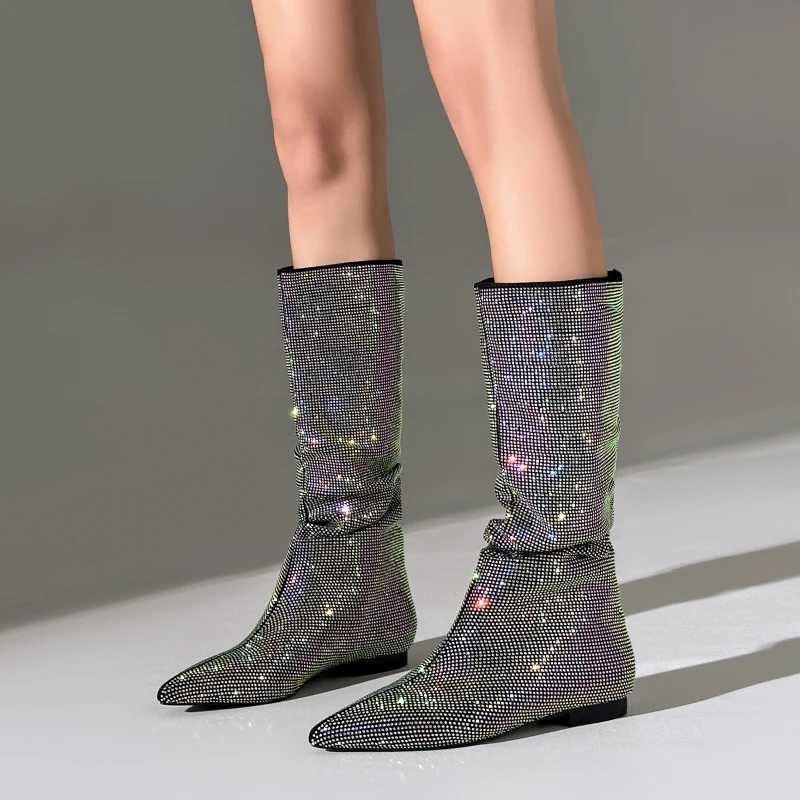 Luxury Crystal Knee High Boots For Women 2024 New Trends Autumn Winter Long Shoes Female Western Boot Large Size Brand Crystal Z250303