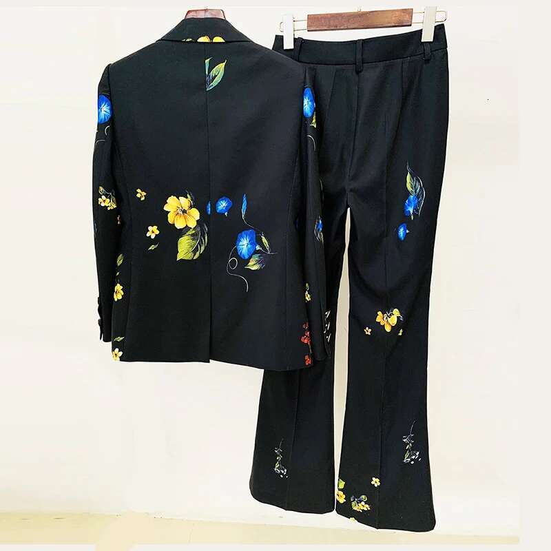 Elegant Temperament Ladies' Suit Autumn Wer Printed Single Button Blazer Coat High Waist Long Flare Pants Two Pieces Sets