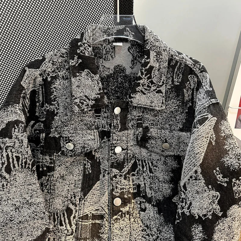 Mens Jacquard Loose Fit Casual Punk Fashion Autumn/Winter European Style Embroidered Denim Jacket 250228