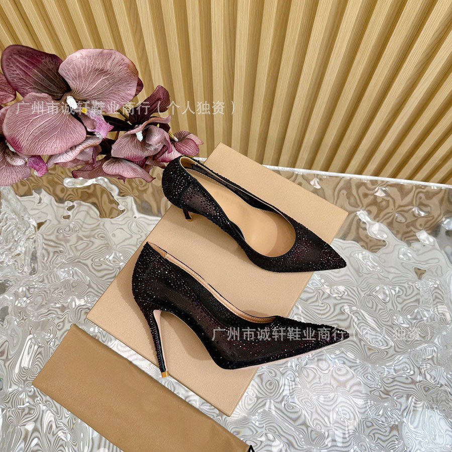 GR version mesh hot stamping 2025 early spring new style gradient diamond pointed thin heel shallow mouth single shoe